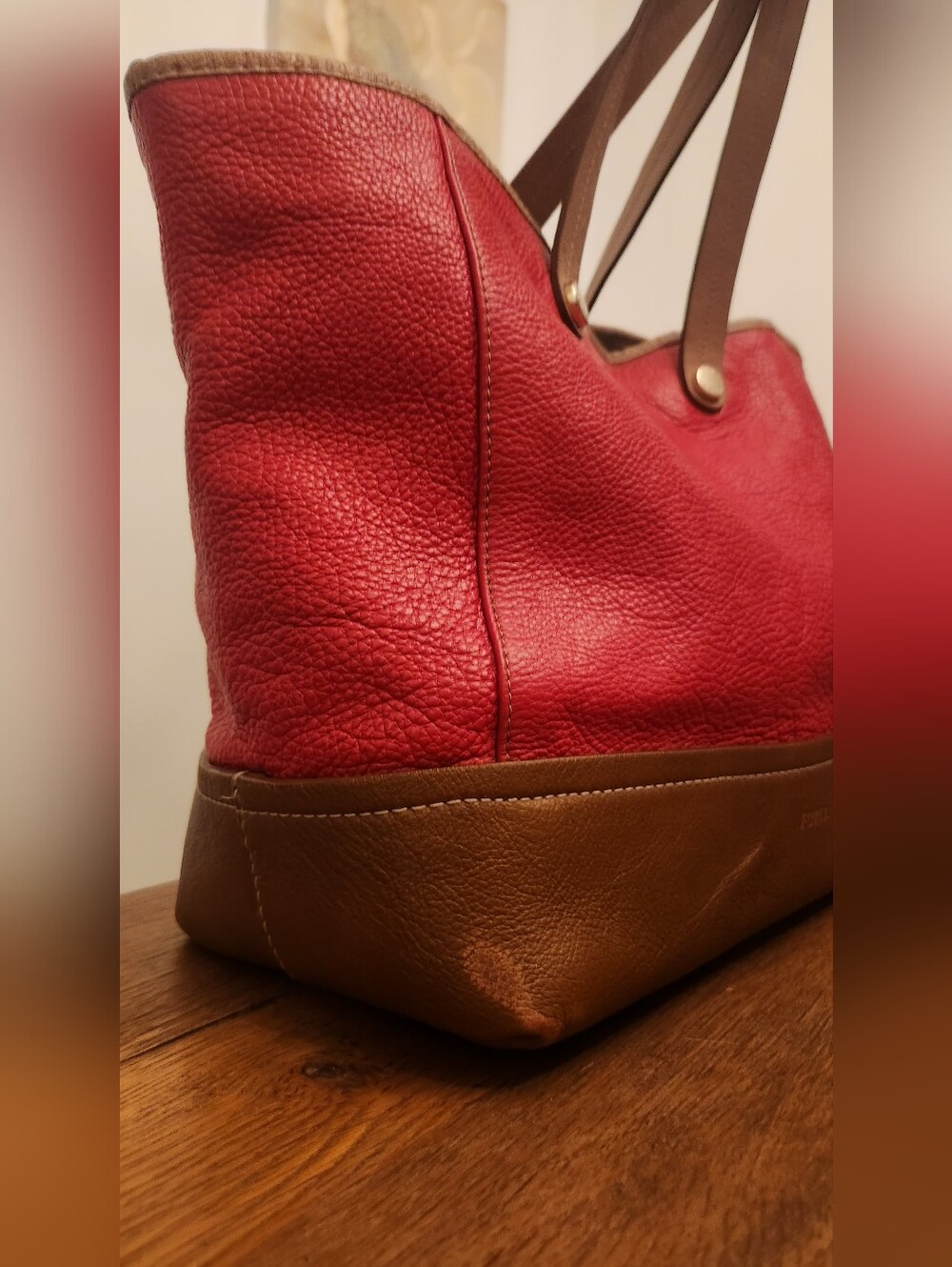 Furla GORGEOUS Red Brown Leather Tote Colorblock Must See ALL Pics!! - Picture 6 of 16